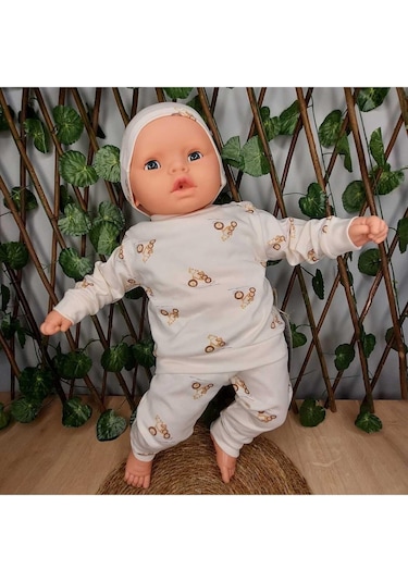 Kopya - 3'lü Bebek Çocuk 2 İplik Şapkalı Takım-792 Krem