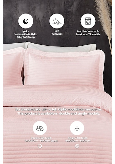 Evlen Home %100 Pamuk Yatak Örtüsü Pike Takımı Tek Kişilik Judy Yatay Çizgili Kapitone Pudra Pudra