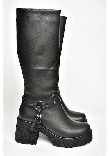 Fox Shoes T996224009 Siyah Kalın Topuklu Kadın Çizme Siyah-Suni Deri