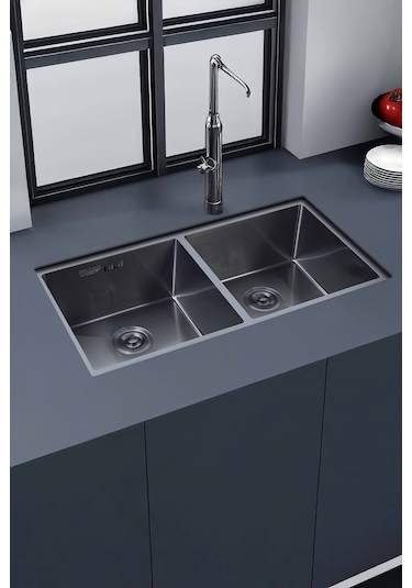 Ebrar Serisi %100 Krom 82x45 İki Göz Paslanmaz Mutfak Eviyesi, Mutfak Lavabosu Sifon Dahil Siyah