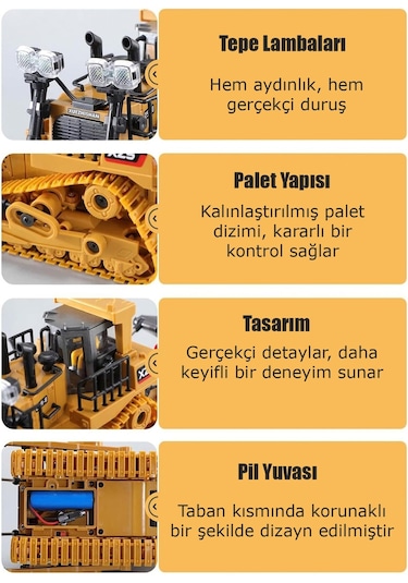 Işıklı Sesli Full Fonksiyon Metal Hareketli Buldozer 2.4ghz Uzaktan Kumandalı İş Makinesi Kepçe