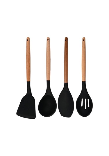 Siyah Yeşil Silikon Mutfak Pişirme Gereçleri Seti Yapışmaz Tencere Spatula Kürek Yumurta Çırpıcı Ahşap Saplı Mutfak Alet Seti 4pcs Siyah