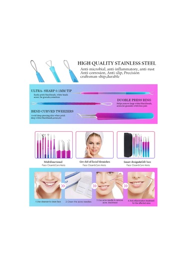 Hangfox 10'lu Paslanmaz Çelik Akne Ve Siyah Nokta Kaldırma Aracı Seti, Mavi-mor Renkli, Siyah Depolama Çantasıyla