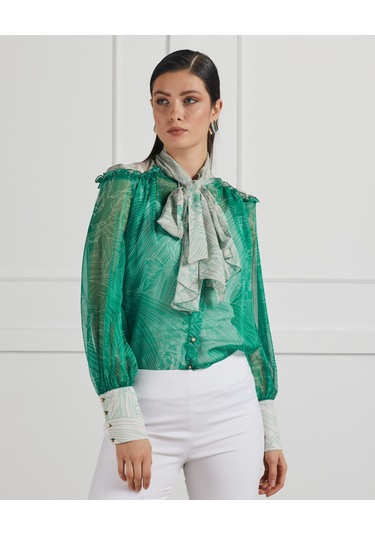 Fular Yaka Detaylı Transparan Desenli Gömlek Feminen Ve Şık Tasarım Yeşil
