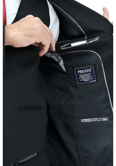 Presto Erkek Yelekli Slimfit Takım Elbise 6 Drop Siyah 778-001 Siyah