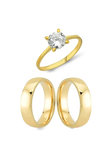 Altın Kaplama 6Mm Bombeli Gümüş Alyans Çifti Tektaş Hediye Al44