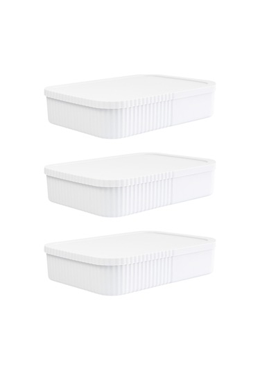 3 Adet 6 Litre İnce-geniş Kapaklı Saklama Kutusu - Ofis Ve Kırtasiye Düzenleyici Çok Amaçlı Kullanım - Beyaz