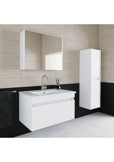 Banos Tm3 Lavabolu Beyaz 85 Cm Aynalı Banyo Dolabı Takımı Beyaz
