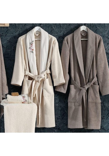 Nazik Home Kayra Aile Bornoz Seti Natürel-Vizon Çok Renkli