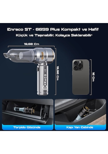 Enraco St-6659 Plus 16000pa Güçlü Portatif Taşınabilir Vakumlu Kablosuz Üflemeli Araç Süpürgesi