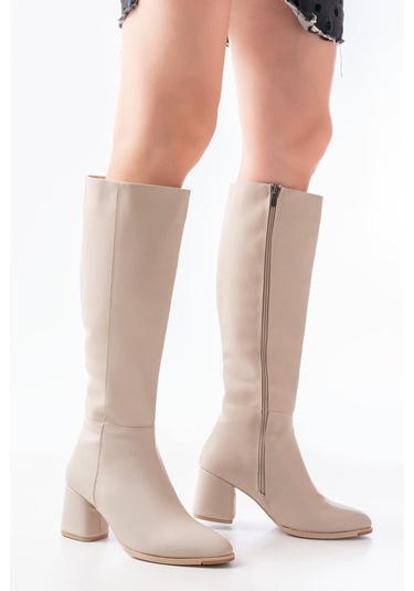 Rs-2432 Bej Topuklu Fermuarlı Günlük Kadın Çizme Bej