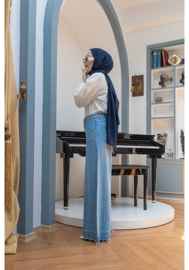 1166-parçalı Denim Bol Paça Pantolon Mavi Mavi