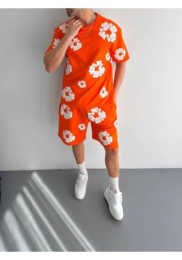 İki İplik Kumaş Baskılı T-shirt Şortlu Takım- Turuncu Turuncu