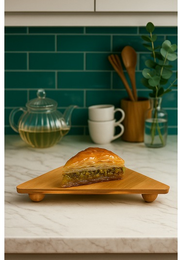 Üçgen Bambu Sunum Standı Top Ayaklı 3 Köşe Servis Tabağı Doğal Bambu Bambu