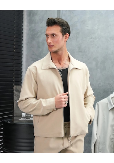Modefendi Düz Kumaş Oversize Fermuarlı Alt Üst Jogger Takım Bej