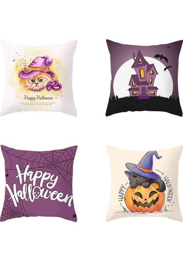 Yunboo Halloween Dekoratif Kumaş Yastık Kılıfı - Karga, Ay, Kedi, Balkabağı Desenleriyle Ev, Araba, Parti Dekoru 1 Adet Diğer