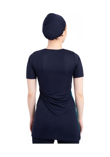 Kadın 667 Şeritli Kısa Kol Taytlı Tesettür Mayo Lacivert-yeşil-lacivert - Yeşil 31548 - 1 Lacivert - Yeşil