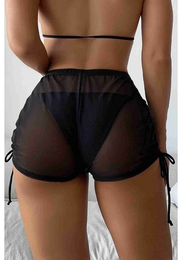 Tül Plaj Şortu Pareo Cover Up Kimono Siyah