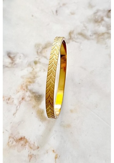 Yaprak Desenli Gold Çelik Kelepçe Bileklik Altın