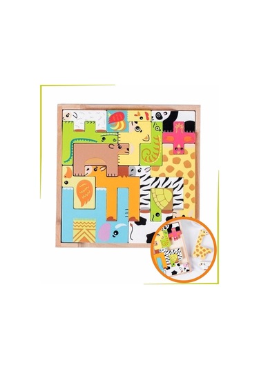 Renkli 15 Hayvanlı Geometrik Ahşap Puzzle