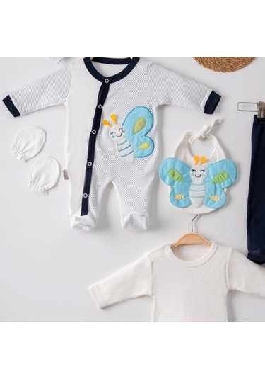 3 Ay Kelebek Nakışlı Tulumlu Erkek Bebek 5'li Set Siyah Siyah