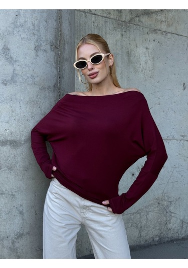 Kadın Kayık Yaka Full Esnek Asimetrik Kesim Comfort Spor Şık Tasarım Yumoş Bluz Bordo