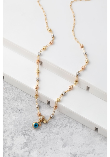 Uşaklıhafız  14 Ayar Altın Nazar Boncuklu Üç Renkli Dorika Kadın Kolye