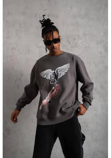 Vexor Erkek Güvercin Baskılı Sweatshirt - Gri