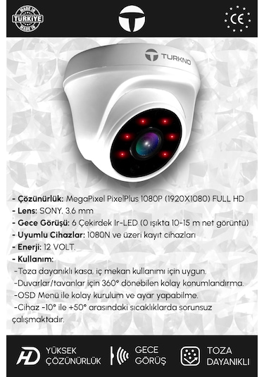 Turkno 1 Kameralı Domia 1 İç Kamera Set 100 GB HDD Full HD Gece Görüşlü Güvenlik Kamerası Sistemi
