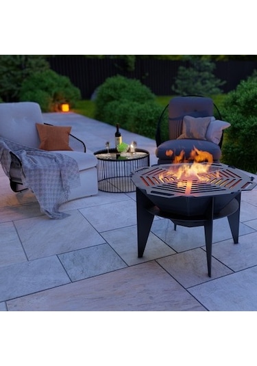 Oktagon Barbekü Izgaralı Ateş Çukuru Ayaklı Bahçeniz İçin Dekorat Siyah