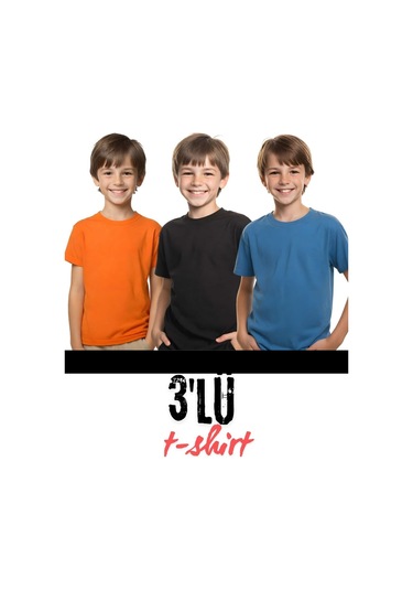 3'lü Unisex Çocuk Düz Siyah-turuncu-mavi Kısa Kollu Tişört Çok Renkli