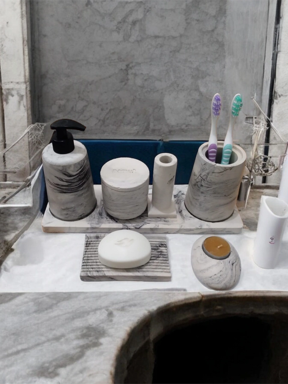 7'li Mermer Desenli Banyo Seti,sıvı Sabunluk Diş Fırçalığı Beton Aksesuar Takım Gri