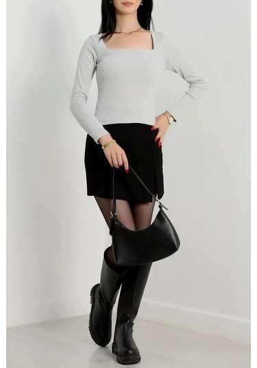 Çerçeve Yaka Kaşkorse Bluz Gri Gri