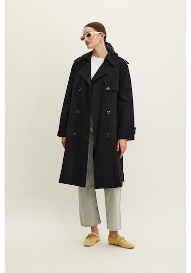 Anıka Kruvaze Kemerli Trençkot Siyah Siyah