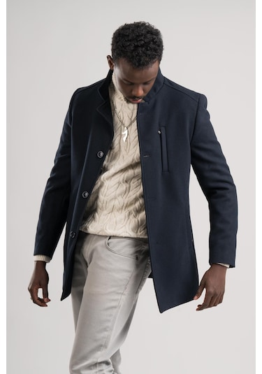 Slimfit Hakim Yaka Düğme Kapamalı Yan Cepli Astarlı Tek Yırtmaçlı Yünlü Kaşe Kaban Lacivert