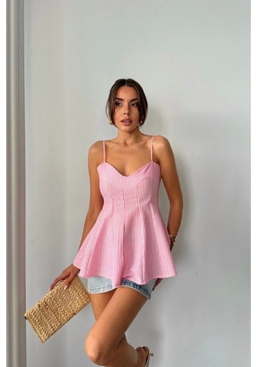 Çizgili Gofre Askılı Pens Detaylı Bluz - Pembe Pembe