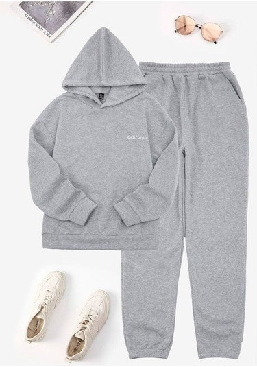 California Minimal Yazı Eşofman Takımı Sweatshirt Jogger - Gri Baskılı Oversize Şardonlu Kapüşonlu Gri