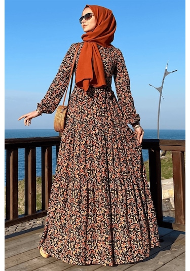 Güzide Yaprak Desenli Elbise Turuncu Normal