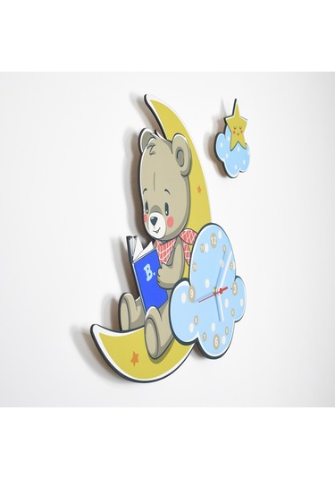 Sevimli Ay Ve Ayıcık Çocuk Odası Ahşap Duvar Saati Ahşap