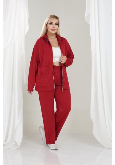 Kadın Büyük Beden Fermuarlı Uzun Kollu Rahat Günlük Eşofman Takım Bordo