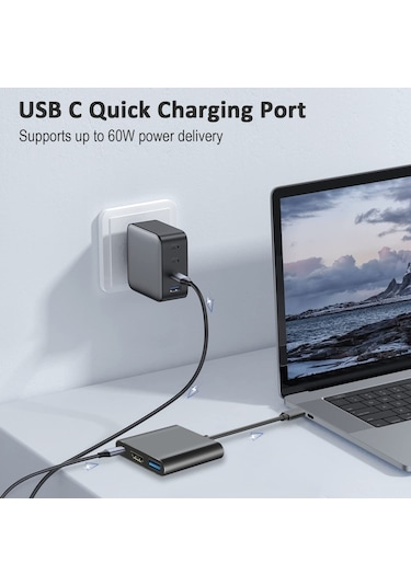 Reedark Usb-c'den Hdmı'ye 3'lü Dönüştürücü: 4k Ultra Hd Video + Usb 3.0 Veri Transferi + Usb-c Şarj Portu, Siyah