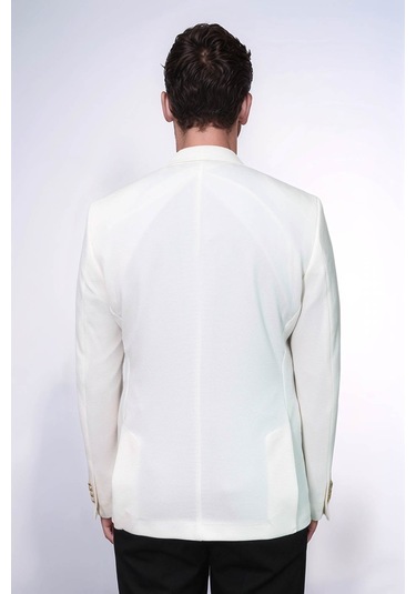 Ekru Kedinden Desenli Örme Altın Renk Metal Düğmeli Slim Fit Erkek Blazer Ceket - Wessi Blue Ekru Kedinden Desenli Örme Altın Renk Metal Düğmeli Slim Fit Erkek Blazer Ceket - Wessi Blue