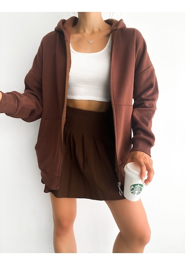 Kadın Fermuarlı Oversize Sweat Hırka Kahverengi