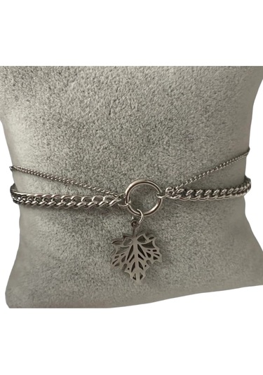 Çelik Çift Zincirli Yaprak Detaylı Gümüş Renkli Kararmaz 17+5 Boy Kadın Bileklik Çelik