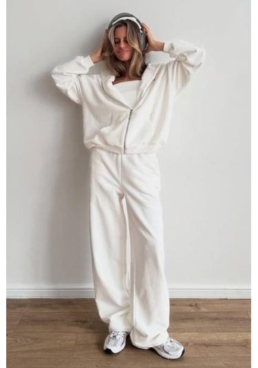 Beyaz Geniş Paça Basic Kadın Eşofman Altı Mg2553 Beyaz