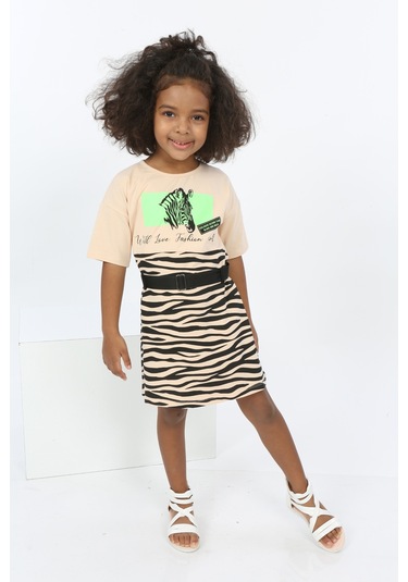Toontoy Kız Çocuk Zebra Baskılı Elbise Bej