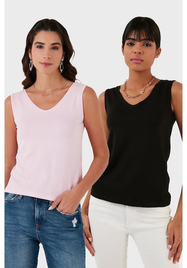 Lela Slim Fit V Yaka Kalın Askılı 2' Li Paket Bayan Bluz 5864384S2 Siyah-Toz Pembe