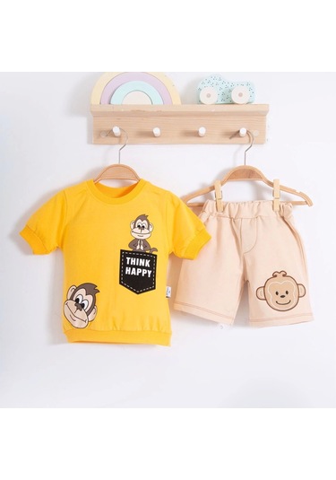 3-18 Ay Erkek Bebek Alt&üst Takımı Maymun 2li Sarı Sarı