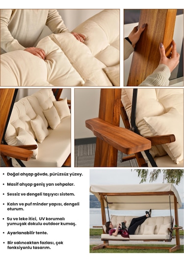 Luna Deluxe 2600 Iroko Beş Kişilik Ahşap Bahçe Salıncağı Krem