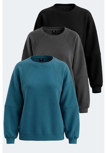 Slazenger Vıa 3 Lü Set Kadın Oversıze Sweatshırt Siyah - Koyu Gri - Petrol